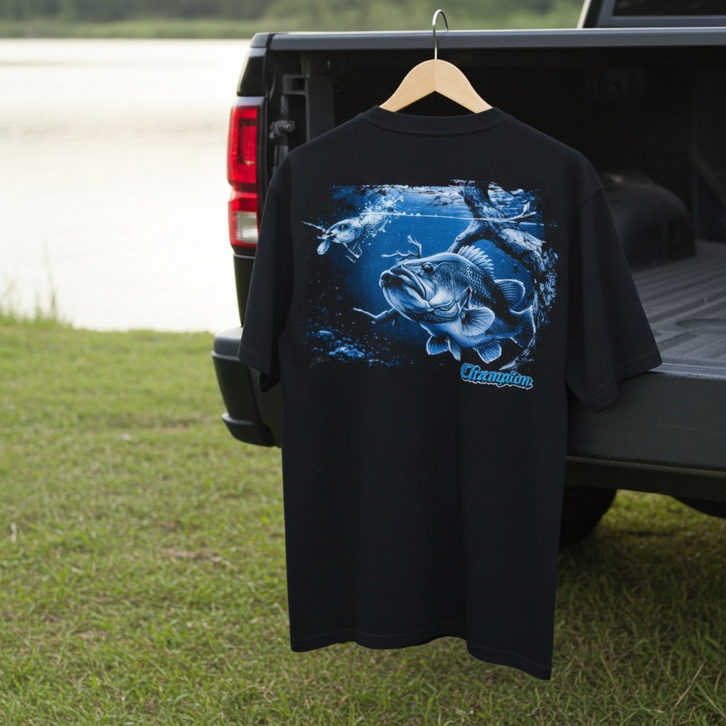 Champion boats largemouth bass fishing shirt blue